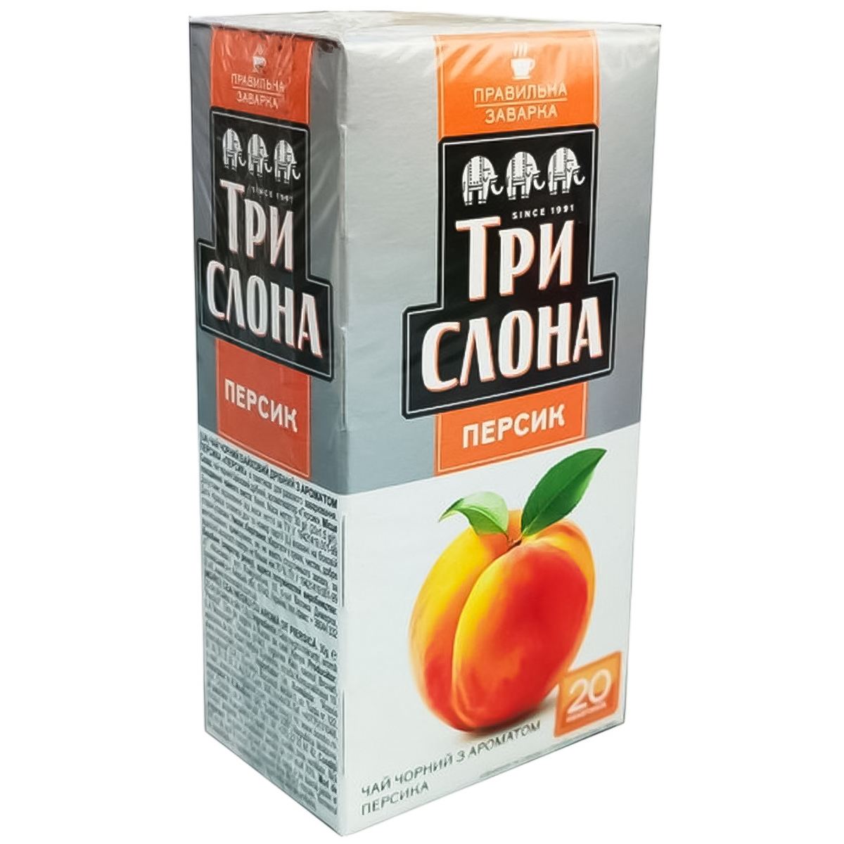 Чай Три Слона ПЕРСИК чорний байховий дрібний з ароматом персика 20 ф/п по 1,5 гр