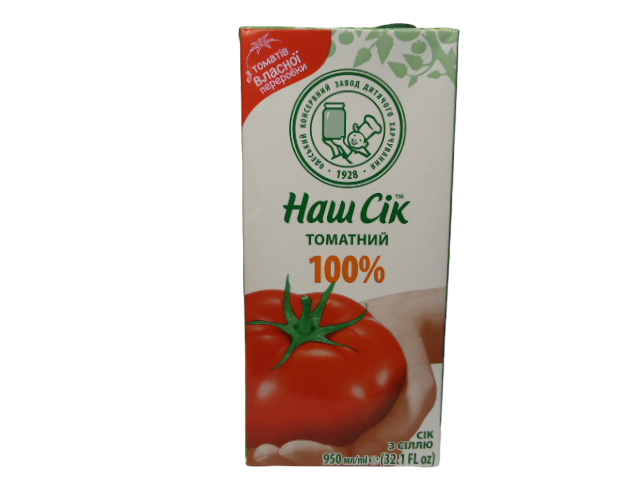 Сік ТМ Наш сік 0,95 л. Томат  100% сік з сіллю (уп.12 шт.)